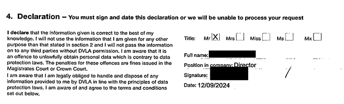 Excerpt from VARS Technology's deceptive application to the DVLA, signed by a company director